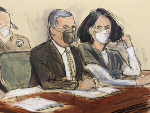 In this court sketch, Ghislaine Maxwell, right, sits with her attorney, Christian Everdell, as the prosecutor speaks at her sentencing hearing on June 28, 2022, in New York. (AP Photo/Elizabeth Williams)(Elizabeth Williams/Associated Press)