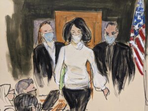 FILE — In this courtroom sketch, Ghislaine Maxwell enters the courtroom escorted by U.S. Marshalls at the start of her trial, Nov. 29, 2021, in New York. Maxwell faces the likelihood of years in prison when she is sentenced for helping the wealthy financier Jeffrey Epstein sexually abuse underage girls. The sentencing hearing, Tuesday, June 28, 2022, in New York will be the culmination of a prosecution that detailed how Epstein and Maxwell flaunted their riches and associations with prominent people to groom vulnerable girls and then exploit them. (AP Photo/Elizabeth Williams, File)