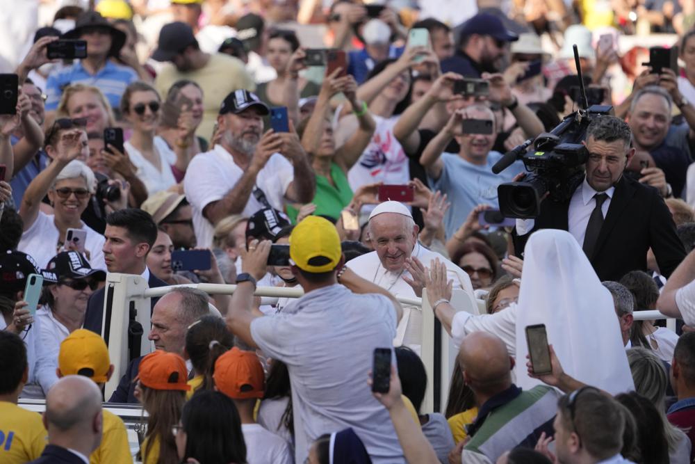 Pope Francis arrives in St. Peter’s Square at the Vatican for the participants into the World Meeting of Families in Rome, Saturday, June 25, 2022. The World Meeting of Families was created by Pope John Paul II in 1994 and celebrated every three years since then in different cities. (AP Photo/Andrew Medichini)