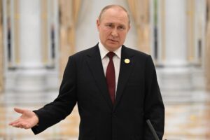 Russian President Vladimir Putin gestures as he speaks to the media after the summit of Caspian Sea littoral states in Ashgabat, Turkmenistan, Thursday, June 30, 2022. (Dmitry Azarov, Sputnik, Kremlin Pool Photo via AP)