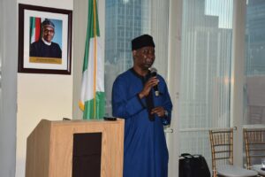 Nigeria’s Permanent Representative to the UN, Prof. Tijjani Muhammad-Bande addressing a dinner in appreciation of support of Mrs Esther Eghobamien-Mshelia, UN Committee on Elimination of All Forms of Discrimination Against Women (CEDAW), Member Elect at Nigeria House in New York.