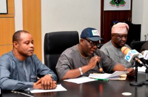 L-R: Special Adviser to Lagos State Governor on Islamic Matters, Alhaji Abdullahi Jebe, Commissioner for Home Affairs, Prince Anofiu Elegushi and Permanent Secretary, Ministry of Home Affairs, Mr Oluseyi Whenu during a news conference on the 2022 Hajj quota reduction affecting intending Pilgrims in the State, at the Bagauda Kaltho Press Centre, Alausa, Ikeja, on June 28, 2022