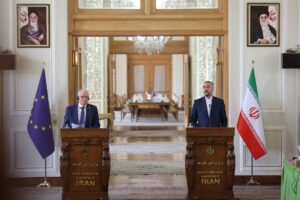Iran’s Foreign Minister Hossein Amir-Abdollahian and High Representative of the European Union for Foreign Affairs and Security Policy Josep Borrell attend a joint news conference, in Tehran, Iran June 25, 2022. Majid Asgaripour/WANA (West Asia News Agency) via REUTERS