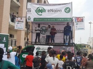 eNaira sentisation at Tejuosho market, Lagos State, organised by the Central Bank of Nigeria, in collaboration with the Bankers Committee on Saturday