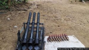 This photo provided by the Tiger People’s Defense Force shows some of the homemade weapons the group is using.