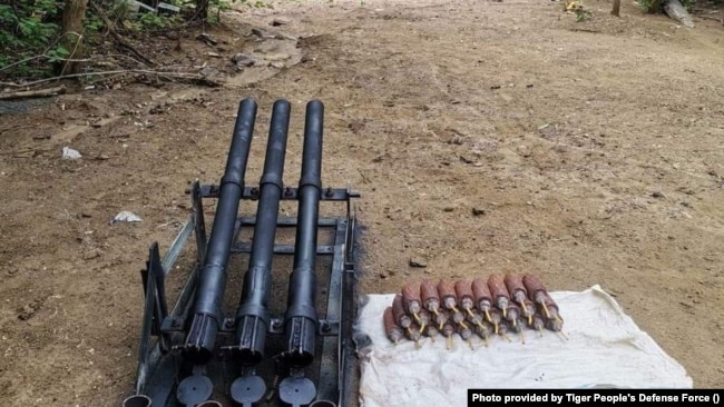 This photo provided by the Tiger People’s Defense Force shows some of the homemade weapons the group is using.