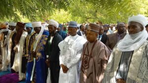 Kebbi State Governor Abubakar Atiku Bagudu, AGF and Minister of Justice Abubakar Chika Malami, Waziri Gwandu Emirate, Alhaji Umar Waziri at the Birnin Kebbi Eid praying ground