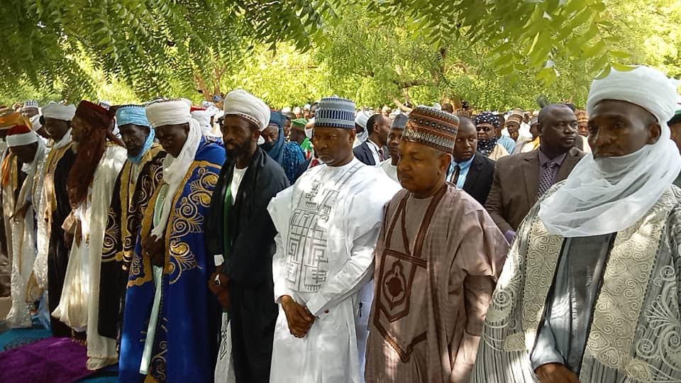 Kebbi State Governor Abubakar Atiku Bagudu, AGF and Minister of Justice Abubakar Chika Malami, Waziri Gwandu Emirate, Alhaji Umar Waziri at the Birnin Kebbi Eid praying ground
