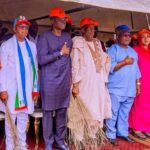 First Lady of Osun State Kafayat Oyetola, Governor Adegboyega Oyetola of Osun State, Babajide Sanwo-Olu of Lagos State, Abdullahi Ganduje of Kano State, APC Secretary, Senator Iyiola Omisore and other party stalwarts at Okuku, Odo-Otin Local Government of Osun, during the campaign for the reelection of Oyetola