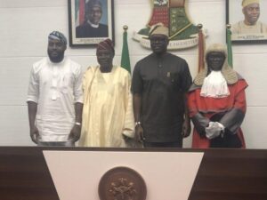 Oyo State Governor Seyi Makinde (2nd right), newly sworn-in deputy governor Adebayo Lawal (2nd left), Chief Judge of the state Justice Munta Abimbola (1st right), and Speaker of the state House of Assembly Adebo Ogundoyin, during the swearing-in of the new deputy governor in Ibadan on Monday