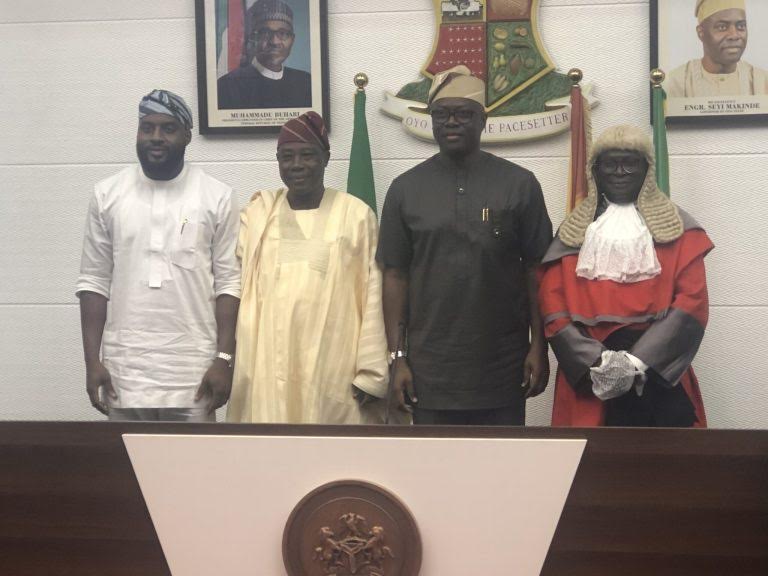 Oyo State Governor Seyi Makinde (2nd right), newly sworn-in deputy governor Adebayo Lawal (2nd left), Chief Judge of the state Justice Munta Abimbola (1st right), and Speaker of the state House of Assembly Adebo Ogundoyin, during the swearing-in of the new deputy governor in Ibadan on Monday
