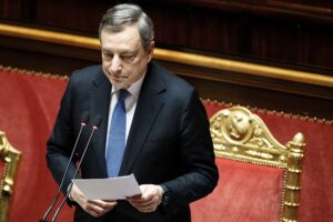 FILE – Italian Premier Mario Draghi addresses the Senate in Rome, Tuesday, June 21, 2022. Italy has seen dozens of governments since the end of World War II, so it’s very accustomed to political crises, but the tumult now roiling its political parties is playing out differently as Premier Mario Draghi’s future as the nation’s leader hangs in the balance. (Roberto Monaldo/LaPresse via AP, File)