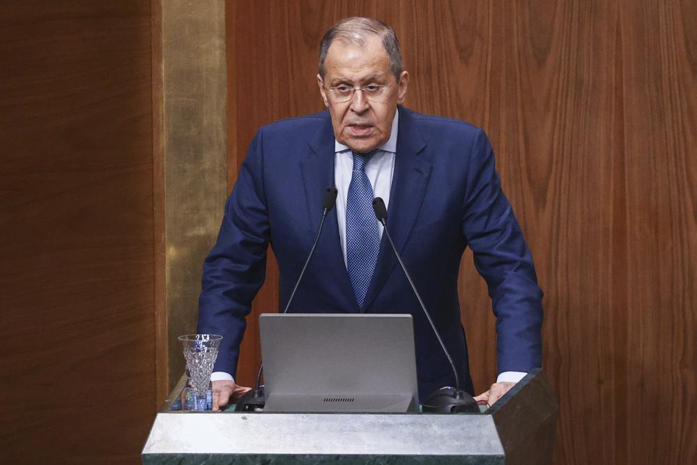 In this handout photo released by Russian Foreign Ministry Press Service, Russian Foreign Minister Sergey Lavrov addresses the Arab League organization in Cairo, Egypt, Sunday, July 24, 2022. (Russian Foreign Ministry Press Service via AP)