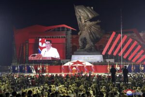 In this photo provided by the North Korean government, North Korean leader Kim Jong Un delivers his speech during a ceremony to mark the 69th anniversary of the signing of the ceasefire armistice that ends the fighting in the Korean War, in Pyongyang, North Korea Wednesday, July 27, 2022. Independent journalists were not given access to cover the event depicted in this image distributed by the North Korean government. The content of this image is as provided and cannot be independently verified. Korean language watermark on image as provided by source reads: “KCNA” which is the abbreviation for Korean Central News Agency. (Korean Central News Agency/Korea News Service via AP)