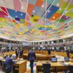 The meeting room of eurozone finance ministers at the European Council building in Brussels, Monday, July 11, 2022. (AP Photo/Olivier Matthys)