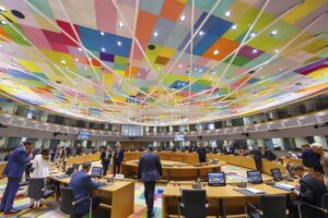 The meeting room of eurozone finance ministers at the European Council building in Brussels, Monday, July 11, 2022. (AP Photo/Olivier Matthys)