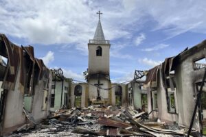 This photo taken in June/July 2022 and provided by Amnesty International shows the St. Matthew’s Church at Daw Ngay Khu village in Kayah state, eastern Myanmar. Myanmar’s military has laid landmines that have killed and injured people in and around villages in Kayah, a conflict-affected region near the border with Thailand, Amnesty International said Wednesday, July 20, 2022. (Amnesty International via AP)