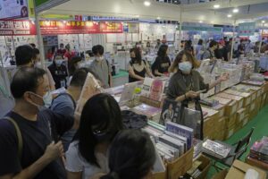 Japanese books are displayed at a booth during the annual book fair in Hong Kong, Wednesday, July 20, 2022. The Hong Kong Book Fair will be held on July 20-26. (AP Photo/Kin Cheung)