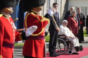 Pope Francis is flanked by Canadian Prime Minister Justin Trudeau, left, and Governor-General Mary Simon, upon his arrival at the Citadelle de Quebec, Wednesday, July 27, 2022. Pope Francis is on a “penitential” six-day visit to Canada to beg forgiveness from survivors of the country’s residential schools, where Catholic missionaries contributed to the “cultural genocide” of generations of Indigenous children by trying to stamp out their languages, cultures and traditions. (AP Photo/Gregorio Borgia)