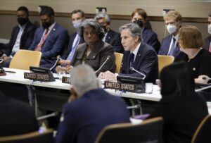 FILE – Secretary of State Antony Blinken sits with Linda Thomas-Greenfield, United States ambassador to the United Nations, as they meet with African ministers at United Nations headquarters, May 18, 2022. Russian, French and American leaders are crisscrossing Africa Wednesday, July 27, 2022, to win support for their positions on the war in Ukraine, an intense competition for influence the continent has not seen since the Cold War. (Eduardo Munoz/Pool Photo via AP, File)