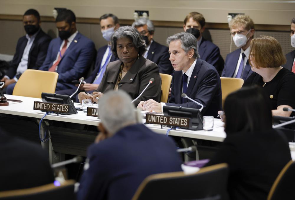 FILE – Secretary of State Antony Blinken sits with Linda Thomas-Greenfield, United States ambassador to the United Nations, as they meet with African ministers at United Nations headquarters, May 18, 2022. Russian, French and American leaders are crisscrossing Africa Wednesday, July 27, 2022, to win support for their positions on the war in Ukraine, an intense competition for influence the continent has not seen since the Cold War. (Eduardo Munoz/Pool Photo via AP, File)