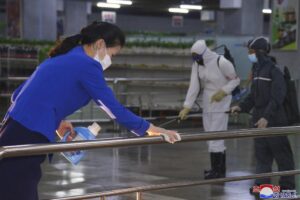 FILE – In this photo published on June 28, 2022 by the North Korean government, North Korean employees disinfect a facility at an underground store in Pyongyang, North Korea. Independent journalists were not given access to cover the event depicted in this image distributed by the North Korean government. The content of this image is as provided and cannot be independently verified. Korean language watermark on image as provided by source reads: “KCNA” which is the abbreviation for Korean Central News Agency. On Saturday, July 30, 2022, North Korea reported no new fever cases for the first time since it abruptly admitted to its first domestic COVID-19 outbreak and placed its 26 million people under more draconian restrictions in May. (Korean Central News Agency/Korea News Service via AP, File)