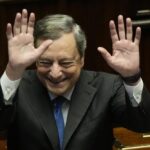 Italian Premier Mario Draghi waves to lawmakers at the end of his address at the Parliament in Rome, Thursday, July 21, 2022. Premier Mario Draghi’s national unity government headed for collapse Thursday after key coalition allies boycotted a confidence vote, signaling the likelihood of early elections and a renewed period of uncertainty for Italy and Europe at a critical time. (AP Photo/Andrew Medichini)