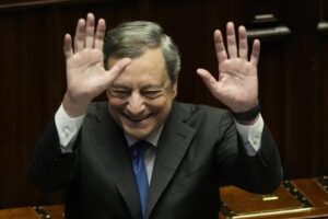 Italian Premier Mario Draghi waves to lawmakers at the end of his address at the Parliament in Rome, Thursday, July 21, 2022. Premier Mario Draghi’s national unity government headed for collapse Thursday after key coalition allies boycotted a confidence vote, signaling the likelihood of early elections and a renewed period of uncertainty for Italy and Europe at a critical time. (AP Photo/Andrew Medichini)