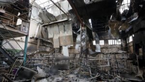 The BBC has blurred some of this photograph showing the building after it was attacked