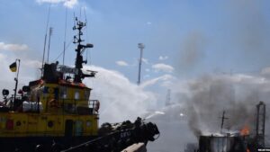 Firefighters work at a site of a Russian missile strike in a sea port of Odesa, as Russia’s attack on Ukraine continues, Ukraine, July 23, 2022.
