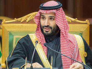FILE – In this photo released by the Saudi Royal Palace, Saudi Crown Prince Mohammed bin Salman, speaks during the Gulf Cooperation Council (GCC) Summit in Riyadh, Saudi Arabia, Tuesday, Dec. 14, 2021. French President Emmanuel Macron is planning to welcome Saudi Crown Prince Mohammed bin Salman to his presidential palace and offer him dinner, marking another step in the Saudi leader’s diplomatic rehabilitation less than four years after the killing of writer and critic Jamal Khashoggi. (Bandar Aljaloud/Saudi Royal Palace via AP, File)