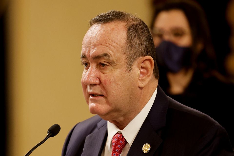 Guatemala’s President Alejandro Giammattei speaks during a bilateral meeting with U.S. Vice President Kamala Harris (not pictured) at the Palacio Nacional de la Cultura, during Harris’ first international trip as Vice President to Guatemala and Mexico, in Guatemala City, Guatemala, June 7, 2021. REUTERS/Carlos Barria/File Photo