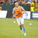 Jul 23, 2022; Green Bay, WI, USA; Manchester City forward Erling Haaland (9) warms up prior to the game against FC Bayern Munich at Lambeau Field. Mandatory Credit: Jeff Hanisch-USA TODAY Sports