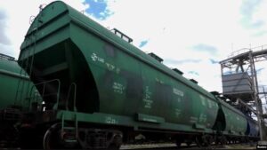 FILE – Railway cars for grain are pictured at a grain terminal, in Odesa Region, June 22, 2022.
