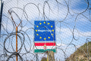 Rastina, Serbia – March 19, 2016: Eu Entrance Roadsign Blocked B