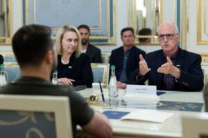 Rep. Adam Smith (D-WA), Chairman of the House Armed Services Committee, who leads U.S. House of Representatives delegation, attends a meeting with Ukraine’s President Volodymyr Zelenskiy amid Russia’s attack on Ukraine, in Kyiv, Ukraine July 23, 2022. Ukrainian Presidential Press Service/Handout via REUTERS