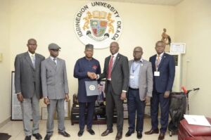 From (L-R) Dr. Tijani Abdulsalami (Igbinedion University Librarian); Prof. Raphael Adeghe (Deputy Vice Chancellor); Dr. Cliff Ogbede representative of V.N.Karazin Kharkiv National University Ukraine; Prof. Lawrence Ikechukwu (Vice Chancellor Igbinedion University); Friday Bakare Esq. (Registrar Igbinedion University); and Mr. Emmanuel Imafidon (Bursar Igbinedion University).