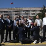 A group of lawmakers from Turkey’s main opposition Republican People’s Party, or CHP, speak to the media after they filed a legal complaint, in Ankara, Turkey, Monday, Aug. 29, 2022, demanding that prosecutors investigate allegations of corruption. A fugitive mafia boss-turned-whistleblower has accused a group of people, including a presidential advisor and a ruling party legislator, of demanding bribes from a businesswoman. (AP Photo/Burhan Ozbilici)
