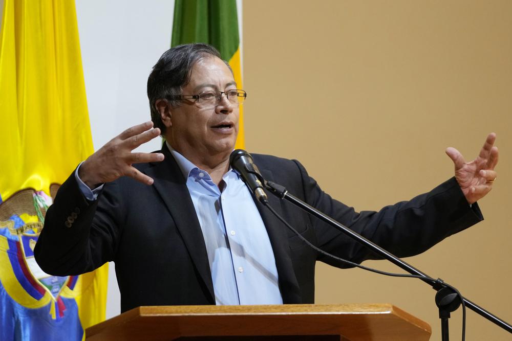 Colombia’s President-elect Gustavo Petro speaks to students at Externado University in Bogota, Colombia, Tuesday, July 26, 2022. Petro gave a talk to students at his alma mater where he studied economics, ahead of his Aug. 7 inauguration. (AP Photo/Fernando Vergara)