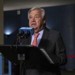 United Nations Secretary-General Antonio Guterres makes remarks before the 2022 Nuclear Non-Proliferation Treaty (NPT) review conference in the United Nations General Assembly, Monday, Aug. 1, 2022. (AP Photo/Yuki Iwamura)