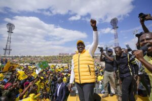 Kenyan presidential candidate William Ruto greets supporters at his final electoral campaign rally at Nyayo stadium in Nairobi, Kenya Saturday, Aug. 6, 2022. Kenya is due to hold its general election on Tuesday, Aug. 9 as the East Africa’s economic hub chooses a successor to President Uhuru Kenyatta. (AP Photo/Ben Curtis)