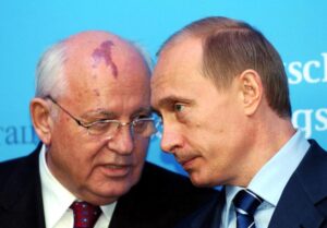 FILE – Russia’s President Vladimir Putin, right, talks with former Soviet President Mikhail Gorbachev at the start of a news conference at the Castle of Gottorf in Schleswig, northern Germany, Tuesday, Dec. 21, 2004. Russian news agencies are reporting that former Soviet President Mikhail Gorbachev has died at 91. The Tass, RIA Novosti and Interfax news agencies cited the Central Clinical Hospital. (Carsten Rehder/dpa via AP)