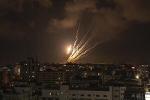 Rockets fired by Palestinian militants toward Israel, in Gaza City, Saturday, Aug. 6, 2022. The latest confrontation between Israel and Gaza militants is in its second day, as Israeli jets hit targets in Gaza and rocket fire persists into southern Israel. Palestinian officials say at least 15 people have been killed in Gaza, including a senior militant leader and a 5-year-old girl. (AP Photo/Fatima Shbair)