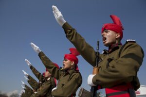 FILE- Newly graduated soldiers of the Jammu and Kashmir Light Infantry take oath during their commencement parade at a military base on the outskirts of Srinagar, Indian controlled Kashmir, March 9, 2019. For decades, India has tried to thwart Pakistan in a protracted dispute over Kashmir. But in the last two years, policy makers in New Delhi have been increasingly turning their focus to Beijing, in a significant shift in India’s foreign policy as the nation celebrates 75 years of independence. (AP Photo/Dar Yasin, File)