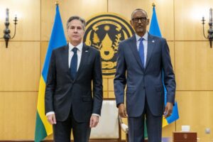 Secretary of State Antony Blinken, left, meets with Rwandan President Paul Kagame at the President’s Office in Urugwiro Village in Kigali, Rwanda, Thursday, Aug. 11, 2022. Blinken is on a ten day trip to Cambodia, Philippines, South Africa, Congo, and Rwanda. (AP Photo/Andrew Harnik, Pool)