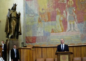 German Chancellor Olaf Scholz delivers a speech at the Charles University in Prague, Czech Republic, Monday, Aug. 29, 2022. (AP Photo/Petr David Josek)