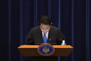 Japan’s Prime Minister Fumio Kishida bows during a news conference at the prime minister’s official residence in Tokyo Wednesday, Aug. 31, 2022. (AP Photo/Shuji Kajiyama, Pool)