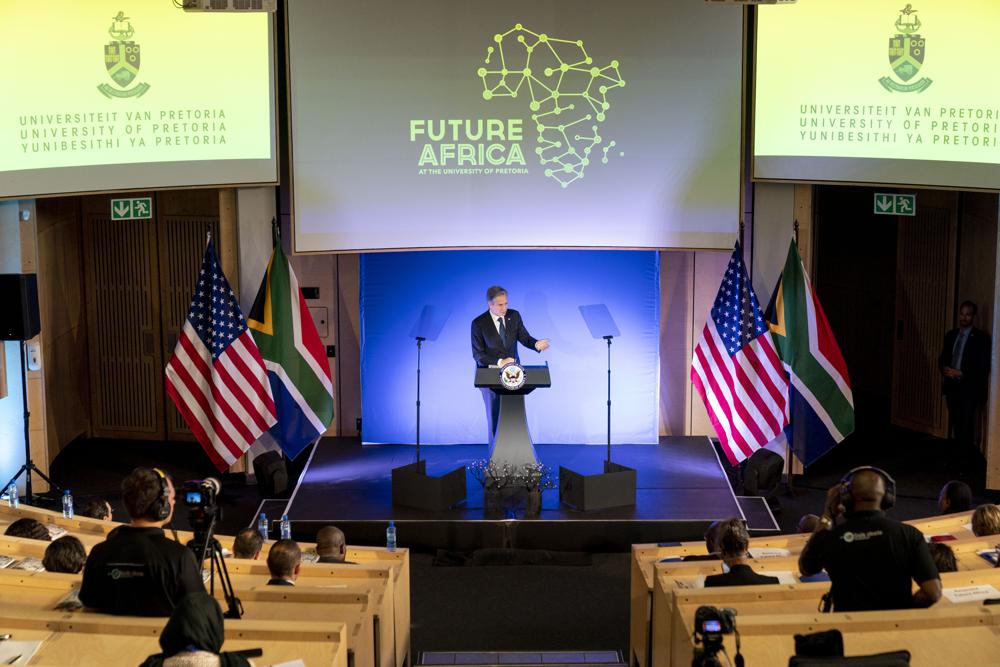 Secretary of State Antony Blinken gives a speech on the U.S. Africa Strategy at the University of Pretoria’s Future Africa Campus in Pretoria, South Africa, Monday, Aug. 8, 2022. Blinken is on a ten day trip to Cambodia, Philippines, South Africa, Congo, and Rwanda. (AP Photo/Andrew Harnik, Pool)