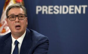 Serbian President Aleksandar Vucic addresses the nation at a news conference in Belgrade, Serbia, Sunday, Aug. 21, 2022. Vucic has called on NATO on Sunday to “do their job” in Kosovo, or Serbia will have to protect its minority in the breakaway province. Address to his nation by Aleksandar Vucic followed the collapse of political talks between Serbian and Kosovo leaders mediated earlier this week by the European Union in Brussels. (AP Photo/Darko Vojinovic)