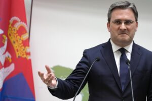 Serbian Foreign Minister Nikola Selakovic speaks during a joint press conference with his Cyprus’ counterpart Ioannis Kasoulides at the Foreign Ministry, in Nicosia, Cyprus, Monday, Aug. 1, 2022. Selakovic is in Cyprus for working visit. (AP Photo/Petros Karadjias)